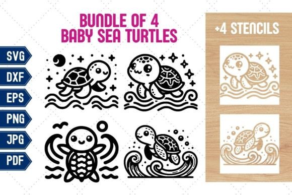 Download 4 Bundle Cute Baby Sea Turtle + Stencils - Bundle Collection