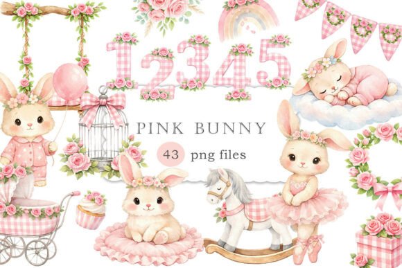 Download Watercolor Pink Bunny Clip Art Set PNG - Premium Resources