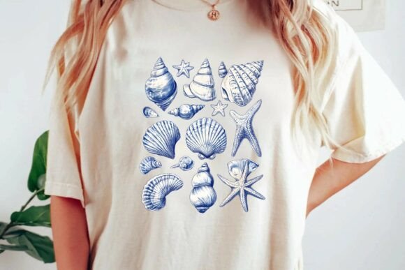 Download Vintage Blue and White Seashell and Starfish Illustration Collection Nautical Clipart Bundle Png - Bundle Collection