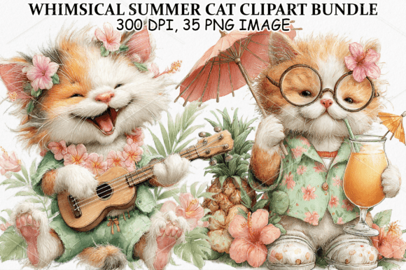 Download Whimsical Summer Cat Clipart Bundle - Bundle Collection