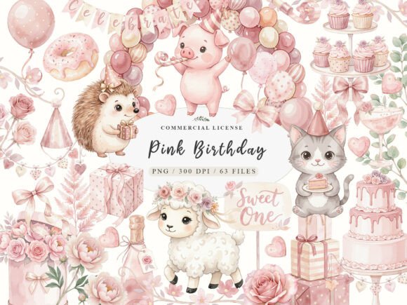 Download Watercolor Pink Birthday Clipart Bundle - Bundle Collection
