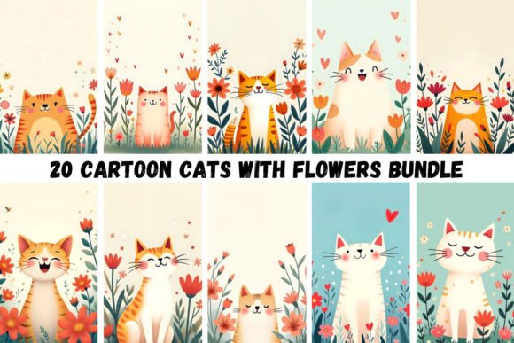 Download 20 Cartoon Cats with Flowers Bundle - Bundle Collection