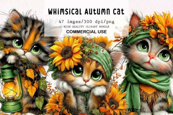 Download Whimsical Autumn Cat Clipart Bundle - Bundle Collection