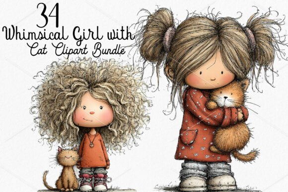Download Whimsical Girl with Cat Clipart Bundle - Bundle Collection